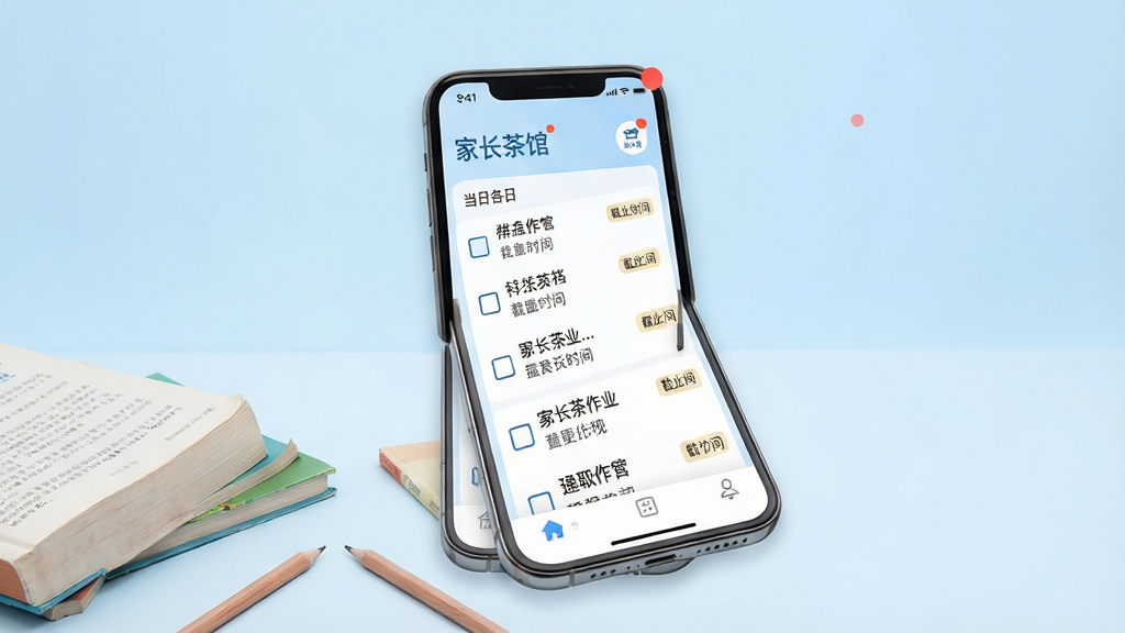一张展示家长茶馆作业通知管理功能的图片,画面主体是一部手机,手机屏幕上清晰显示当日各科作业列表,每项作业旁有复选框和截止时间标签,手机下方散落着几本课本和一支铅笔,背景为淡蓝色渐变,风格为清新简约的UI展示风,细节包含手机界面上的家长茶馆LOGO和通知小红点,画质高清锐利,干净整洁,无多余装饰