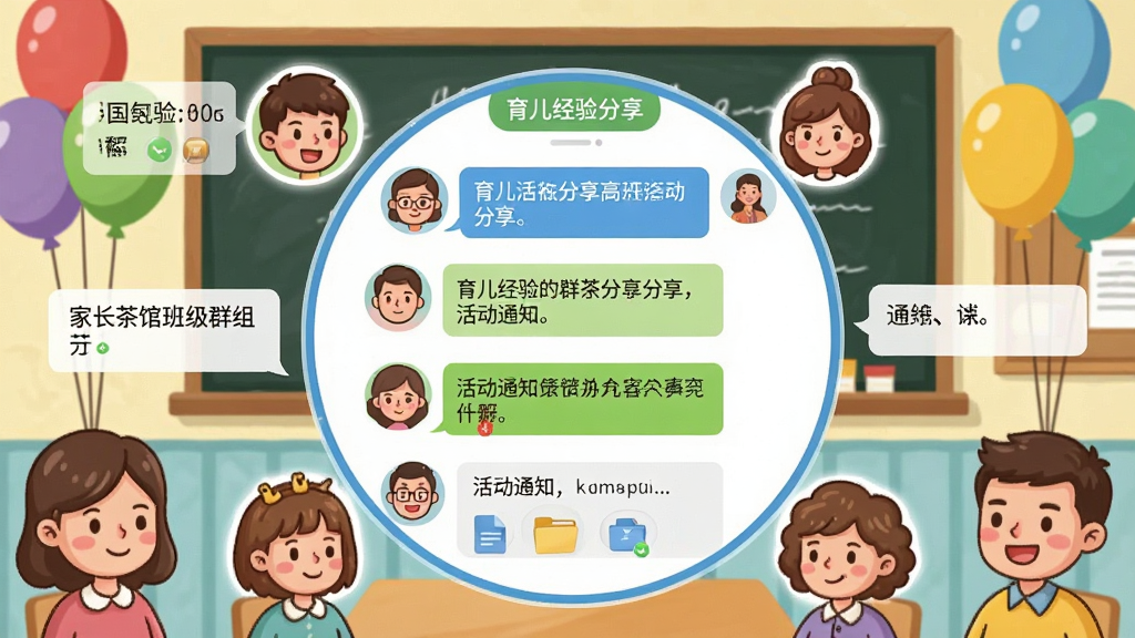 一张描绘家长茶馆班级群组互动场景的插画,画面中央是一个圆形的聊天群组界面,周围环绕着多位家长的头像和对话框,对话框内显示育儿经验分享、活动通知等内容,背景是教室黑板和彩色气球装饰,风格为活泼可爱的卡通插画,色彩明快丰富,细节包含群组名称标签和文件图标,画质细腻,干净无杂乱元素