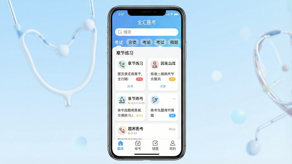 一张手机屏幕展示医学考试题库应用的界面截图,画面中央是手机正视图,屏幕内显示“全汇医考”应用首页,顶部有搜索框和考试分类标签,中部是章节练习卡片列表,底部是题库、模考、错题、我的四个导航按钮,背景为浅蓝色渐变,风格简洁清新,细节包括题目卡片圆角、图标线条纤细,画质清晰干净无多余元素