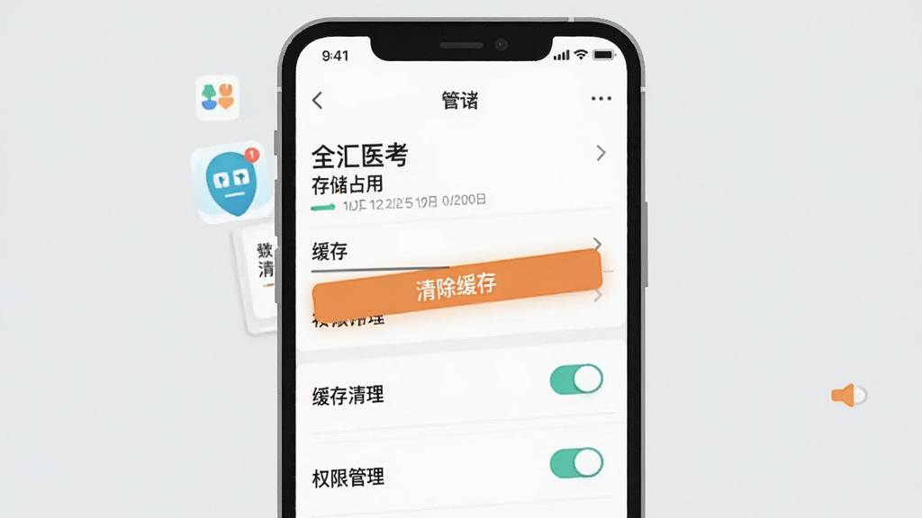 一张展示手机应用管理界面的示意图,画面中手机屏幕显示“全汇医考”的应用信息页面,包含存储占用、缓存清理、权限管理等选项,背景为浅灰色,风格为扁平化UI示意图,细节有高亮的“清除缓存”按钮和权限开关,画质清晰干净无多余元素