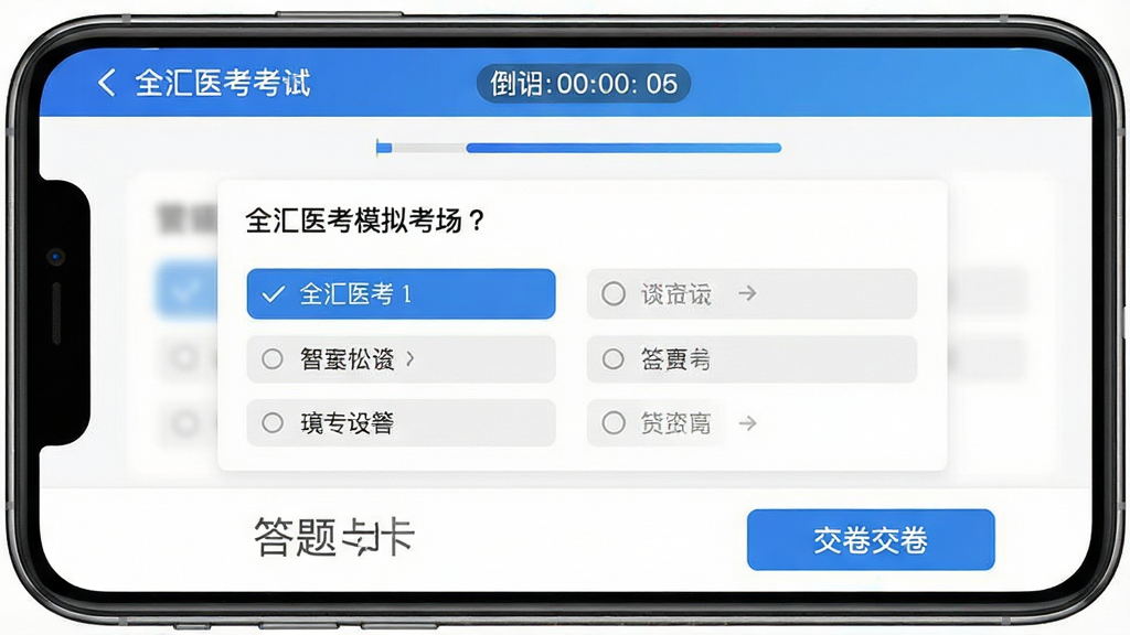 一张模拟考试界面的手机截图,画面中手机横屏显示,屏幕内是“全汇医考”模拟考场页面,顶部有倒计时器和进度条,中部是题目和选项区域,底部有答题卡和交卷按钮,背景为白色,风格为清爽简约的UI设计,细节有蓝色高亮选中状态和灰色未答状态,画质清晰干净无多余元素