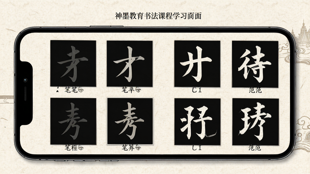 ��ī�����鷨�γ�ѧϰҳ�棬�ֻ���Ļ��ʾ���ֱʻ��ֽ⶯���뷶�ֶ��գ�����Ϊ�װ�ɫ��ֽ������������¼�࣬��������