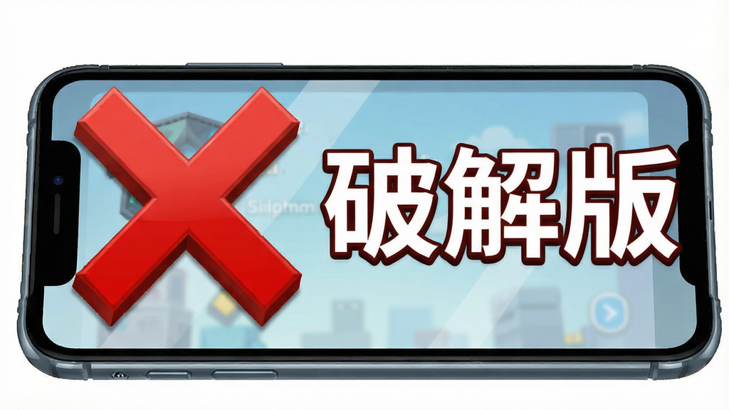 画面展示一个手机屏幕,屏幕中显示游戏设置界面,旁边有一个红色的叉号标记在“破解版”字样上,布局为手机居中,红色叉号醒目,排版简洁有力,风格为警示宣传插画,细节包含手机边缘的光影、红色叉号的立体感,画质高清,干净,无多余元素