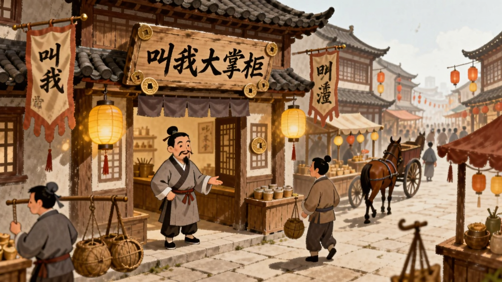 画面主体是一座热闹的古代商业街市,中央位置有一间挂着“叫我大掌柜”牌匾的商铺,掌柜站在门口迎接客人,周围有挑担的货郎、逛街的行人、马车和灯笼,布局上商铺位于画面正中偏左,右侧是延伸的街道和摊位,排版采用横向宽幅构图,风格为中国风手绘插画,细节包括木质建筑纹理、布幡招牌、铜钱装饰、暖黄色灯笼光晕,画质高清,干净,无多余元素