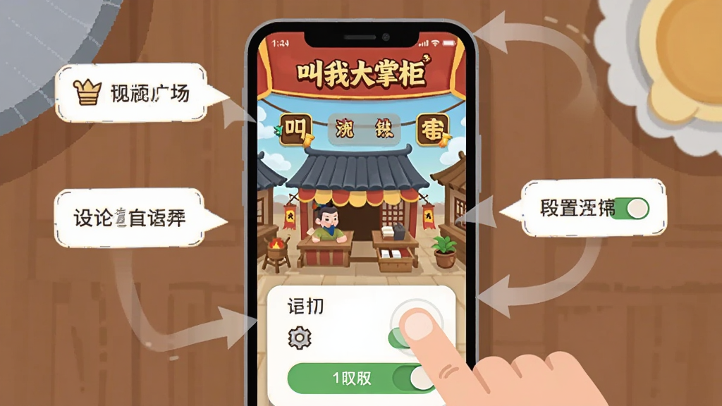 画面主体是一部智能手机放在桌面上,屏幕显示“叫我大掌柜”的游戏界面,旁边有手指点击屏幕的动作,布局上手机位于画面中央,周围有提示气泡和箭头指向设置选项,排版采用竖版构图,风格为扁平化科技插画,细节包括手机边框、屏幕内古代商铺场景、设置图标、权限开关按钮,画质高清,干净,无多余元素