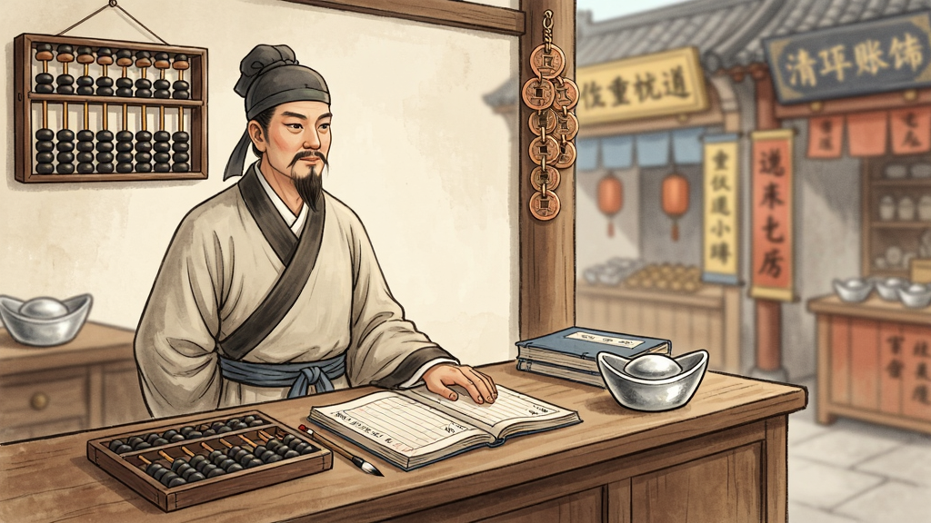画面主体是一位穿着古代服饰的掌柜站在账房桌前,桌上有算盘、账本和银锭,背景是几间不同行业的商铺招牌,布局上人物位于画面左侧,商铺招牌排列在右侧,排版采用竖版构图,风格为中国风工笔插画,细节包括算盘珠子、毛笔字账本、木质柜台纹理、铜钱串装饰,画质高清,干净,无多余元素
