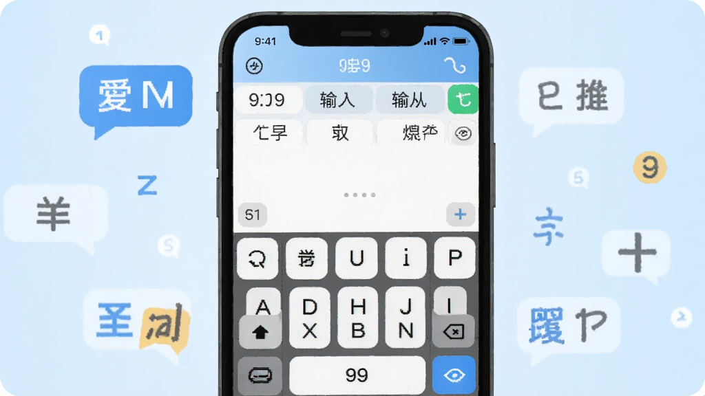 一张展现99输入法核心全貌的图片,画面中央是一部智能手机,手机屏幕上显示着99输入法的九宫格键盘界面,键盘上方有候选词栏,背景是简约的浅蓝色渐变,周围环绕着聊天气泡和文字符号,风格清新扁平化,细节清晰,画质干净,无多余元素