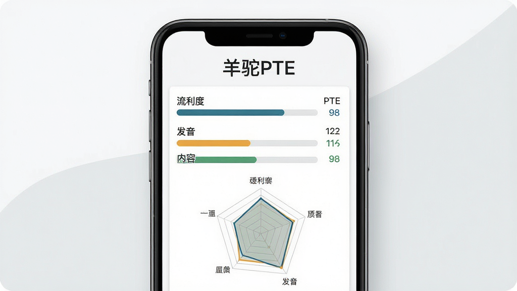 一张展示羊驼PTE智能AI评分界面的预览图,画面中央为手机屏幕显示口语评分报告,屏幕上方显示“羊驼PTE”文字,评分报告包含流利度、发音、内容等维度的分数条和雷达图,背景为白色与浅灰色搭配,风格简洁专业,布局清晰,细节精致,画质高清,无多余元素