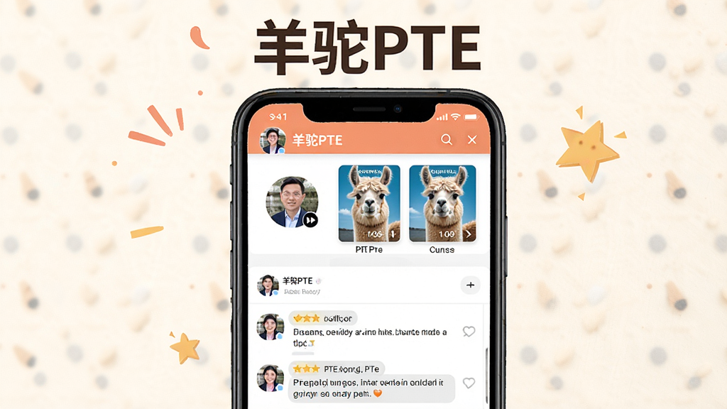 一张展示羊驼PTE名师精讲与社区互动界面的预览图,画面中央为手机屏幕显示视频课程列表与社区讨论区,屏幕上方显示“羊驼PTE”文字,页面中包含讲师头像、课程封面和用户评论,背景为暖白色调,风格亲切友好,布局活泼,细节生动,画质高清,无多余元素