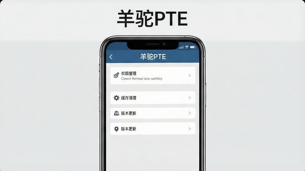 一张展示羊驼PTE新手操作指引的预览图,画面中央为手机屏幕显示软件设置页面,屏幕上方显示“羊驼PTE”文字,页面中包含权限管理、缓存清理、版本更新等选项,背景为浅灰色,风格简洁实用,布局清晰,细节明了,画质高清,无多余元素
