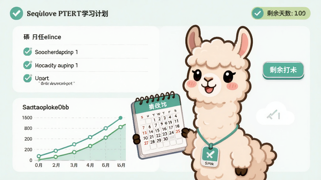 羊驼PTE学习计划界面展示,画面主体为一只卡通羊驼手持日历站在进度图表旁,布局为上下结构,上方为每日任务清单,下方为能力增长曲线图,排版工整,风格为清新简约风,细节包括打卡按钮和剩余天数提示,画质高清,干净,无多余元素