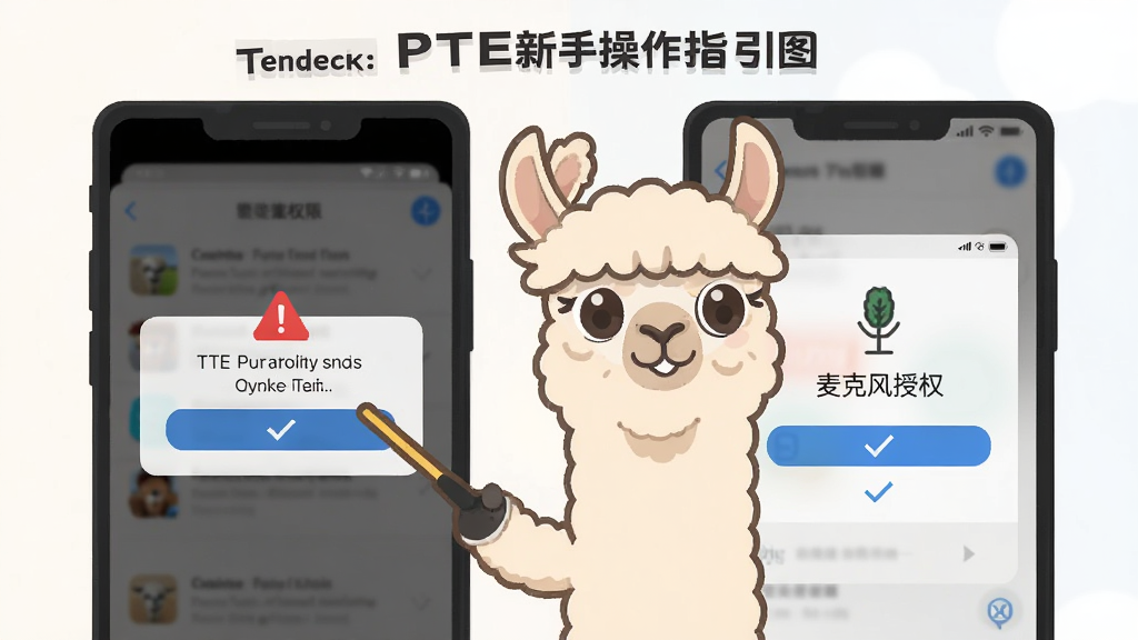 羊驼PTE新手操作指引图,画面主体为一只卡通羊驼手持指示棒指向手机屏幕,布局为左右分栏,左侧展示安装权限弹窗界面,右侧展示麦克风授权界面,排版清晰,风格为扁平化教程风,细节包括红色警示标识和蓝色勾选标记,画质高清,干净,无多余元素
