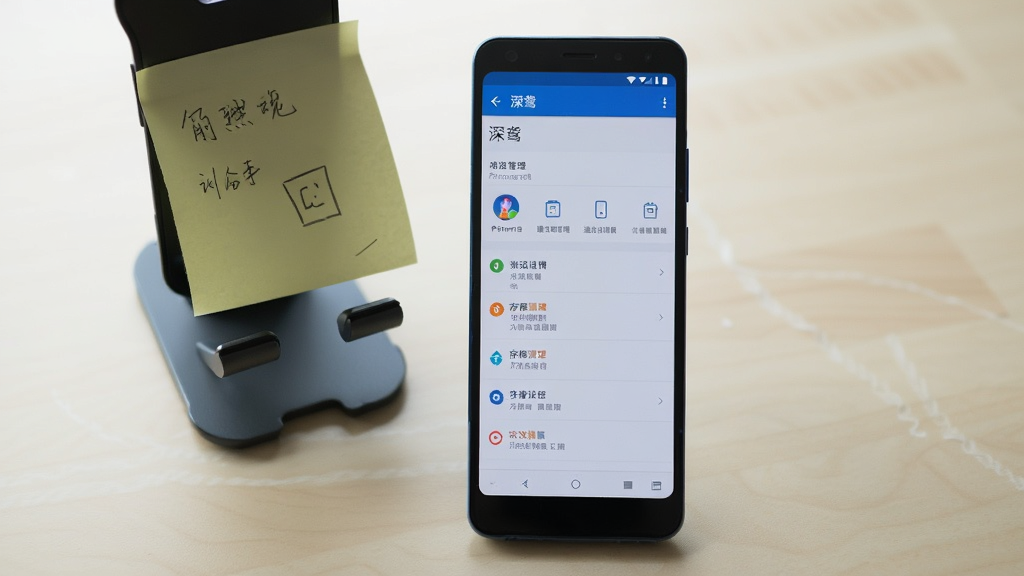 一部安卓手机显示“深鸢”应用的设置页面,页面中可以看到权限管理、通知设置、存储清理等选项,手机旁边放着一个手机支架和一张便签纸。画面风格生活化,光线自然,构图简洁,画质清晰,背景为浅色桌面,无多余杂物。