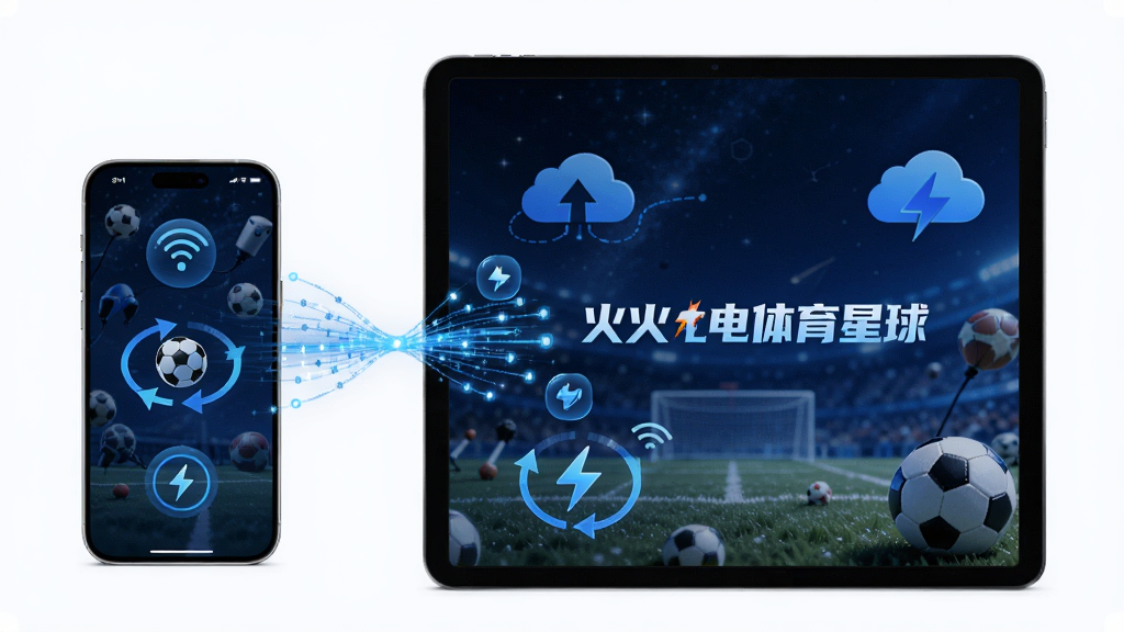 主体是火火电体育星球的多设备同步功能展示,布局为手机与平板并列摆放,画面中间用数据流线条连接,排版简洁现代,风格为科技蓝调,细节包含同步图标、云端符号、体育元素背景,画面中出现文字“火火电体育星球”,画质高清干净,无多余元素