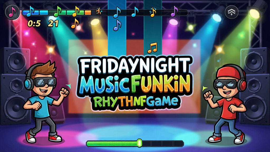 一款音乐节奏手机游戏的主界面场景,画面中央是FridayNightMusicFunkinRhythmFNFGame的标题LOGO,左右两侧各有一个卡通角色正在跟随音乐节奏做动作,屏幕上方有音符轨道下落,背景是舞台灯光与音响设备,整体采用美式卡通风格,色彩鲜艳对比强烈,细节包含音符图标、连击数字、进度条,画质高清,画面干净,无多余元素