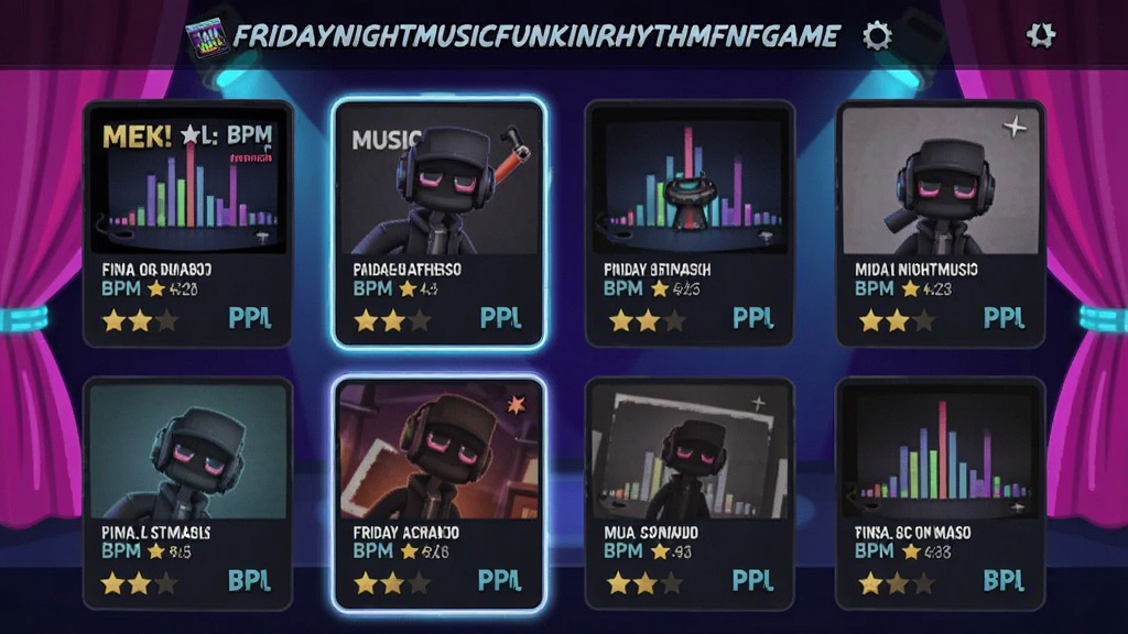 音乐节奏游戏中的曲目选择界面,画面以FridayNightMusicFunkinRhythmFNFGame为主题,展示多个音乐专辑封面卡片排列成网格,每张卡片上有歌曲名称、难度星级和节奏图标,背景是霓虹灯效的舞台幕布,风格为扁平化卡通设计,细节包含选中的高亮边框、BPM数值显示,画质清晰,布局整洁,无多余元素