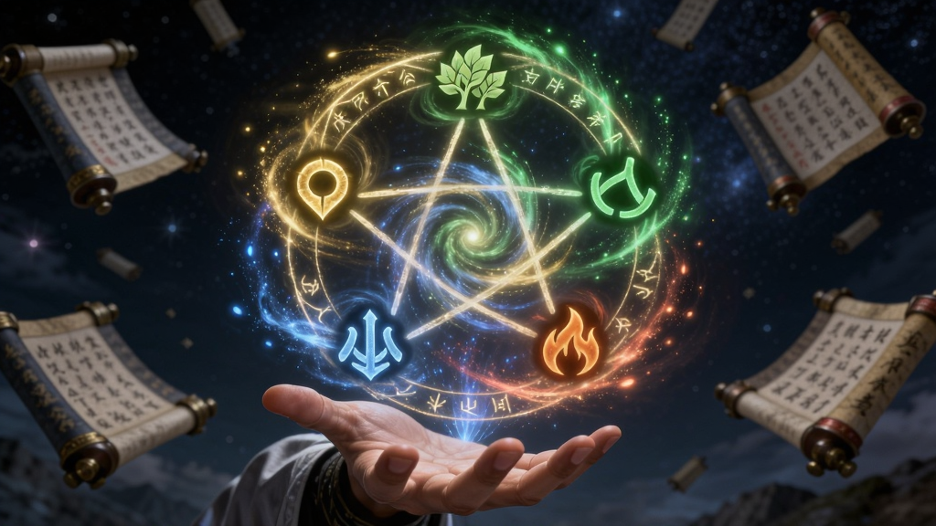 一个发光的五行法阵悬浮在少年掌心上方,金木水火土五种元素符号环绕旋转,背景是深邃的星空与漂浮的功法卷轴,布局以法阵为中心,风格为玄幻CG质感,细节上每种元素都有独特的粒子效果,卷轴上隐约可见文字,画质高清,画面干净,无多余元素