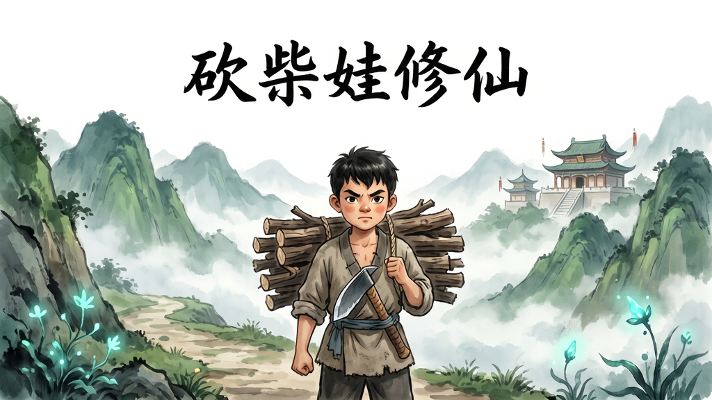 画面主体是一位身穿粗布短衫的少年,背着一捆柴火站在云雾缭绕的山间小路上,远处是层叠的青翠山峰与隐约可见的仙宫楼阁,布局采用竖版构图,上方留白处用古风书法字体写有“砍柴娃修仙”五个字,排版居中,风格为中国风水墨与淡彩结合,细节上少年表情坚毅,柴刀别在腰间,路边有灵草微微发光,画质高清,画面干净,无多余元素