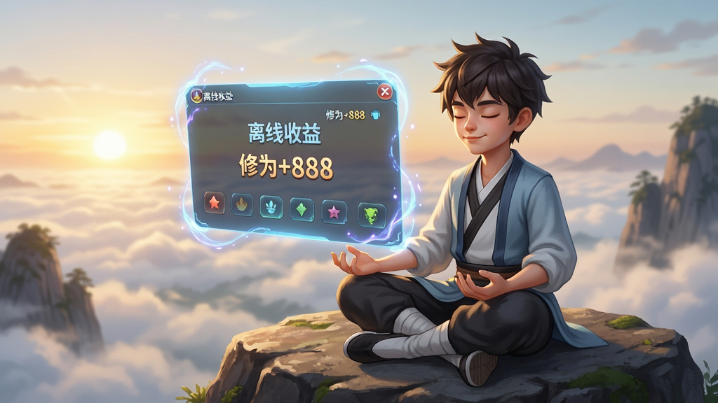 一位少年盘腿坐在山巅巨石上,面前悬浮着一个半透明的游戏界面面板,面板上显示着“离线收益”和“修为+888”等字样,背景是日出云海,布局以人物和面板为视觉中心,风格为唯美国风插画,细节上少年闭目微笑,面板边缘有灵光流转,画质高清,画面干净,无多余元素