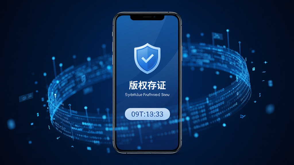 数字原创保护软件主界面展示,画面中央是一台智能手机,屏幕显示版权存证成功页面,背景为蓝色科技感数据流环绕,画面风格简洁商务,细节包含盾牌图标与时间戳元素,画质清晰,干净,无多余元素
