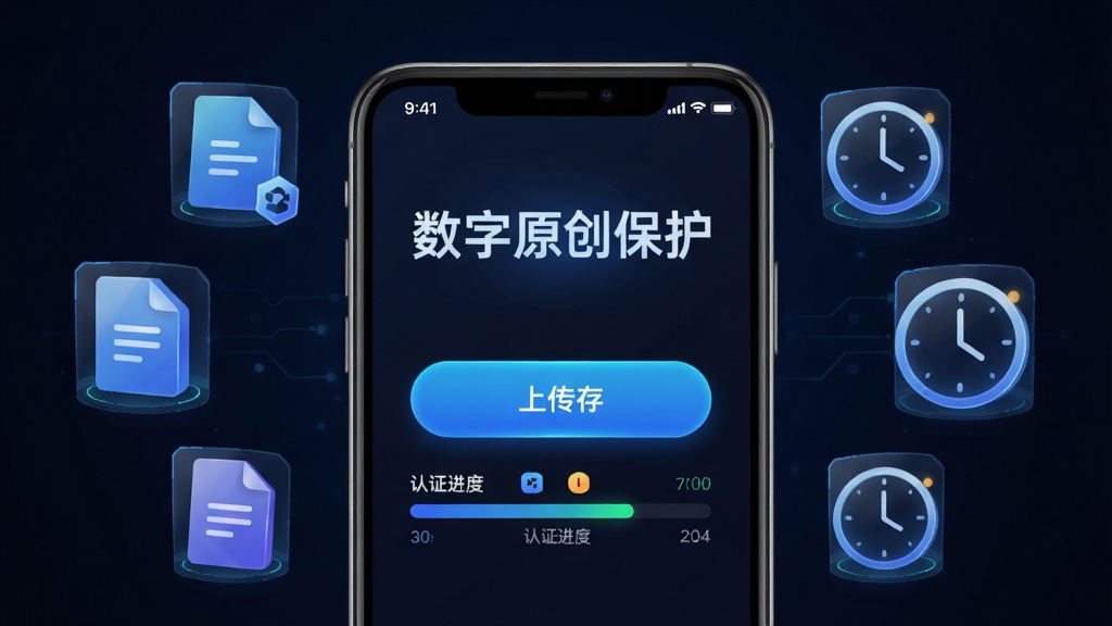 数字原创保护快速认证功能界面,手机屏幕显示上传按钮与认证进度条,周围环绕文件图标与时钟符号,风格科技感十足,画面中带文字“数字原创保护”,布局居中对称,细节丰富,画质清晰,干净,无多余元素