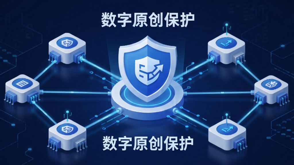 区块链存证技术示意图,画面展示多个节点连接成网络,中心为数字原创保护盾牌标识,蓝色与白色为主色调,风格简洁专业,带文字“数字原创保护”,细节清晰,画质干净,无多余元素