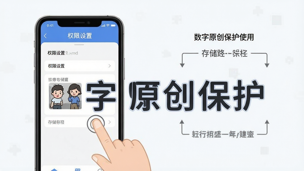 数字原创保护使用技巧示意图,手机屏幕展示权限设置页面与存储路径,画面中有手指点击操作,风格直观清晰,带文字“数字原创保护”,布局简洁,画质干净,无多余元素