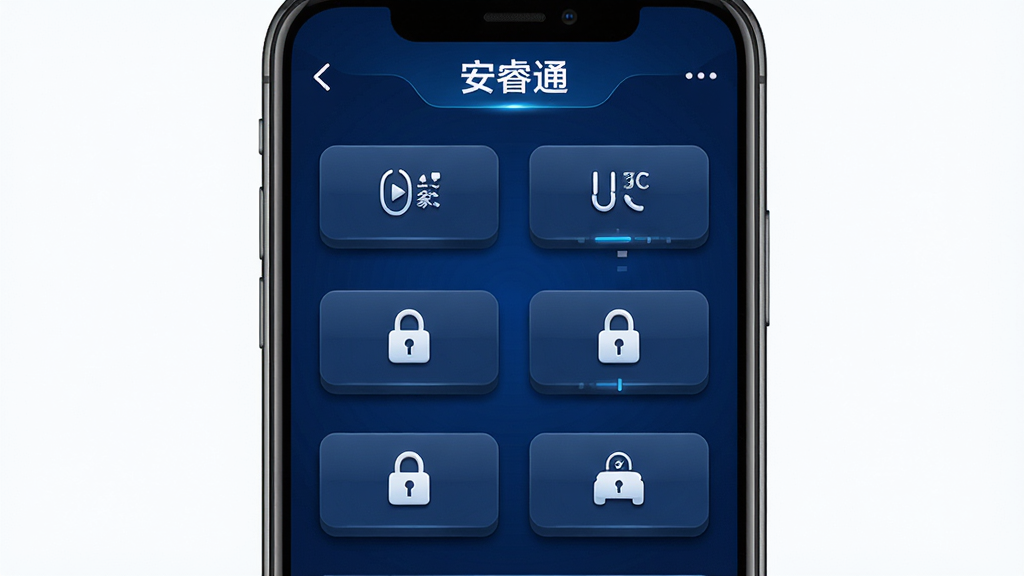 安睿通APP车辆远程控制界面展示图,手机屏幕显示车辆控制面板,包含空调开关、温度调节、车门锁等按钮图标,界面风格科技感强,采用深蓝色背景搭配白色图标,布局规整对称,细节上按钮带有轻微立体感,画质高清,画面干净无杂乱元素,屏幕上方标注