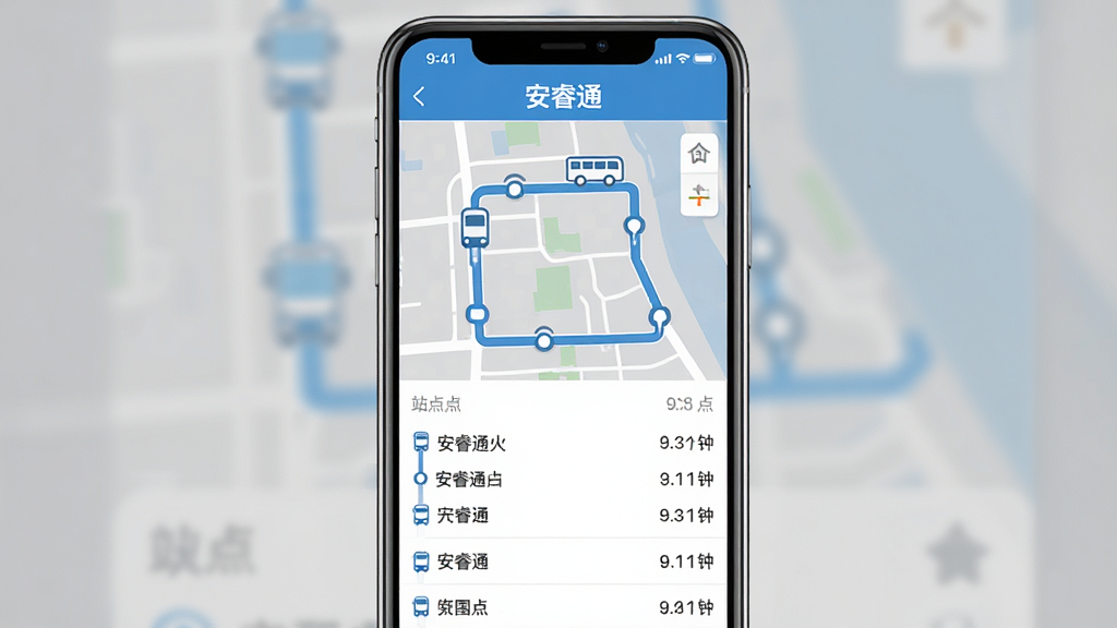 安睿通APP实时公交查询功能界面截图,手机屏幕中央显示一条公交线路地图,地图上有蓝色路线和移动的公交车图标,下方列表展示各站点名称与预计到站分钟数,整体布局直观易读,风格为现代扁平化设计,色调以蓝白灰为主,画质清晰干净,画面中带有