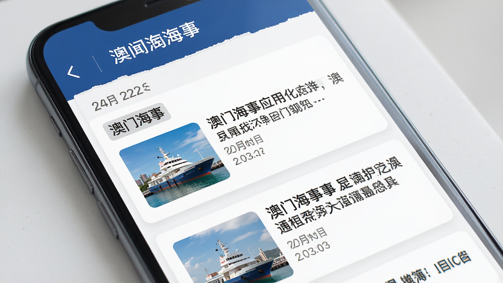 主体是澳门海事应用中的新闻公告页面,布局为手机屏幕展示新闻列表,排版为卡片式纵向排列,风格为现代资讯类应用设计,细节包括澳门海事标题和日期标签,画质高清干净无多余元素