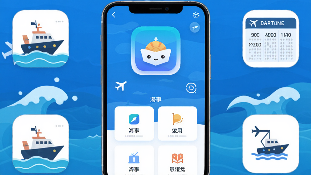 主体是澳门海事手机应用界面展示,布局为手机屏幕居中放置,周围环绕海浪、船只和航班时刻表图标,排版为上下结构上方是应用图标下方是功能截图,风格为现代扁平化设计,细节包括蓝色海洋背景和白色卡片式界面,画质高清干净无多余元素