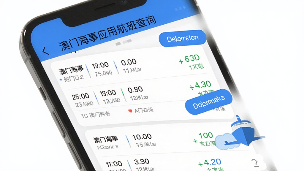 主体是澳门海事应用中的航班查询界面,布局为手机屏幕显示航班列表,排版为纵向列表形式包含时间航线状态,风格为清新简约的移动端UI设计,细节包括澳门海事字样和蓝色高亮按钮,画质清晰干净无多余元素