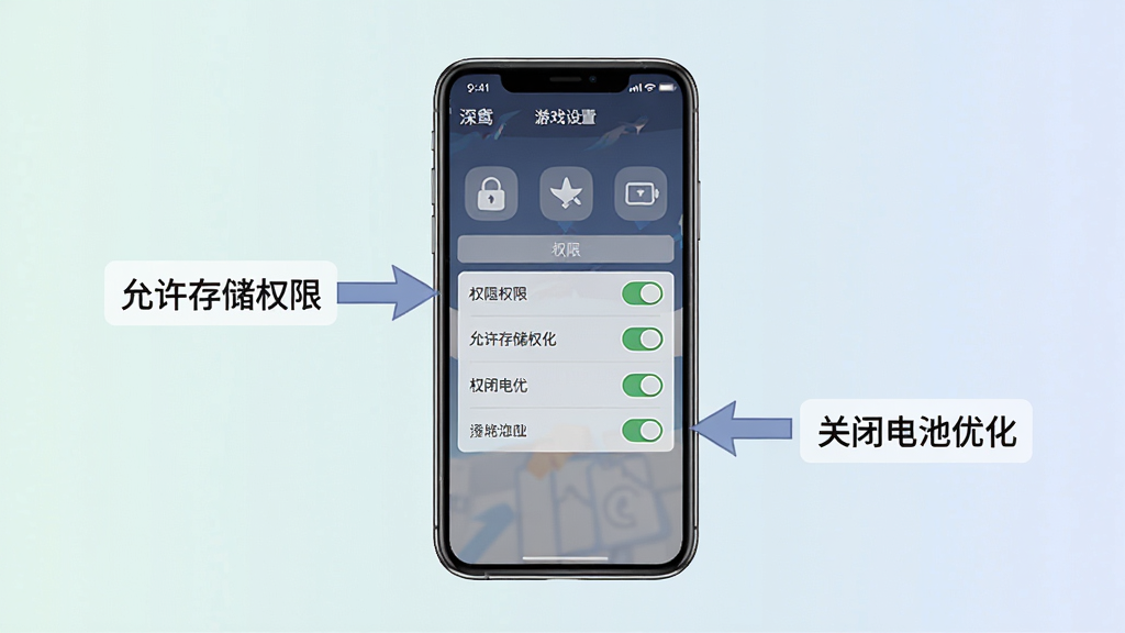 一张以“深鸢”为主题的新手操作指引图,画面主体是手机屏幕显示游戏设置菜单与权限开关,布局为手机居中,旁边有箭头标注“允许存储权限”与“关闭电池优化”,风格为简洁教程插画,细节包含图标、文字标注框、柔和底色,画质高清,干净,无多余元素。