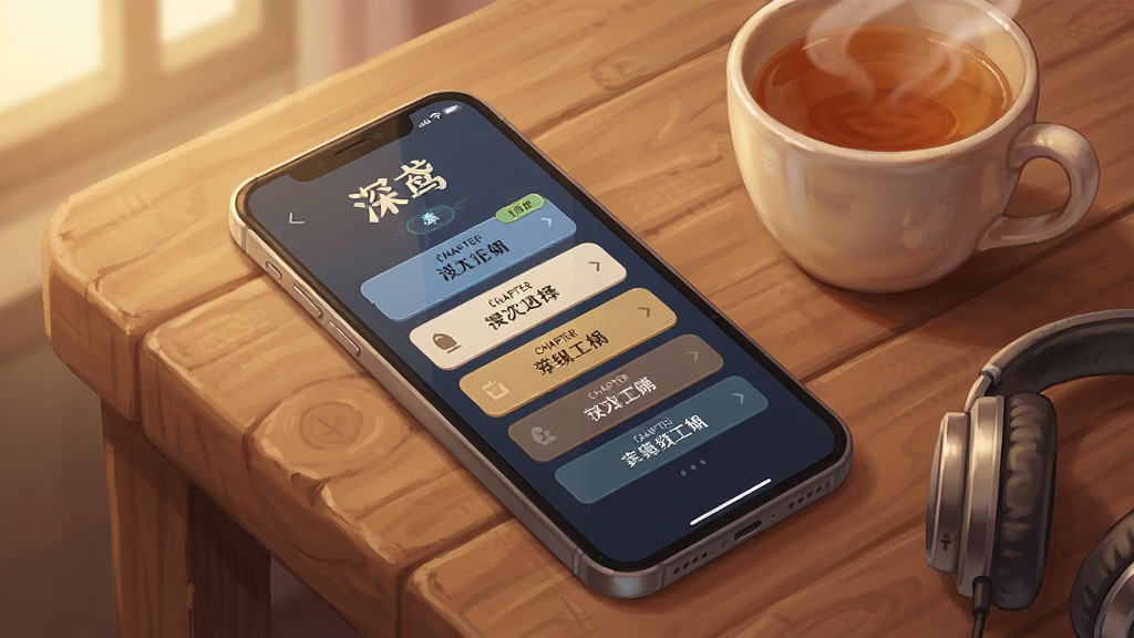 一张以“深鸢”为主题的离线游玩场景图,画面主体是一部手机放置在木质桌面上,屏幕显示游戏章节选择界面,布局为手机斜放,旁边有一杯热茶与耳机,风格为温馨生活插画,细节包含木纹、热气、柔和光影,画质高清,干净,无多余元素。