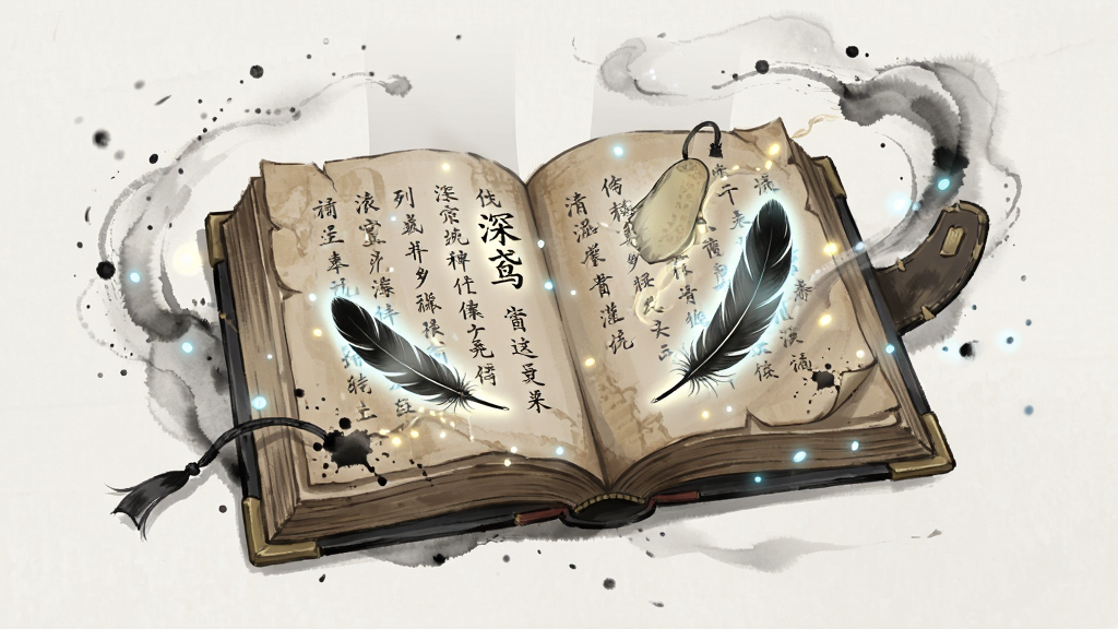一张以“深鸢”为核心的剧情体验场景图,画面主体是一本摊开的古旧书籍,书页上浮现出发光的文字与羽毛图案,布局为书籍居中,四周环绕着淡淡的水墨粒子,风格为幻想文艺插画,细节包含墨迹、光点、书签,画质高清,干净,无多余元素。