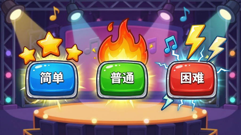 一幅表现音乐节奏游戏难度选择界面的场景图,画面中有三个不同颜色的难度按钮分别代表简单、普通和困难,按钮周围环绕着星星、火焰和闪电等特效元素,背景是卡通风格的舞台场景,整体风格动感十足,色彩鲜明,画质干净,无多余元素,画面中不要出现任何文字