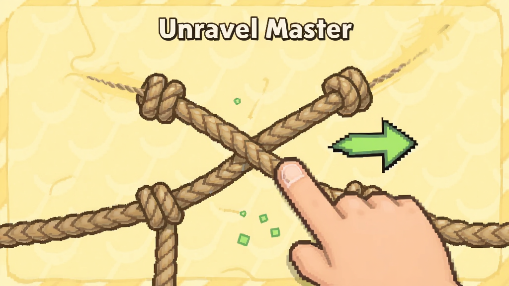 Unravel Master 游戏内新手引导界面截图,画面中有一只手指正在点击绳索交叉点,旁边有箭头提示操作方向,背景为淡黄色,风格友好,画质清晰,无多余元素