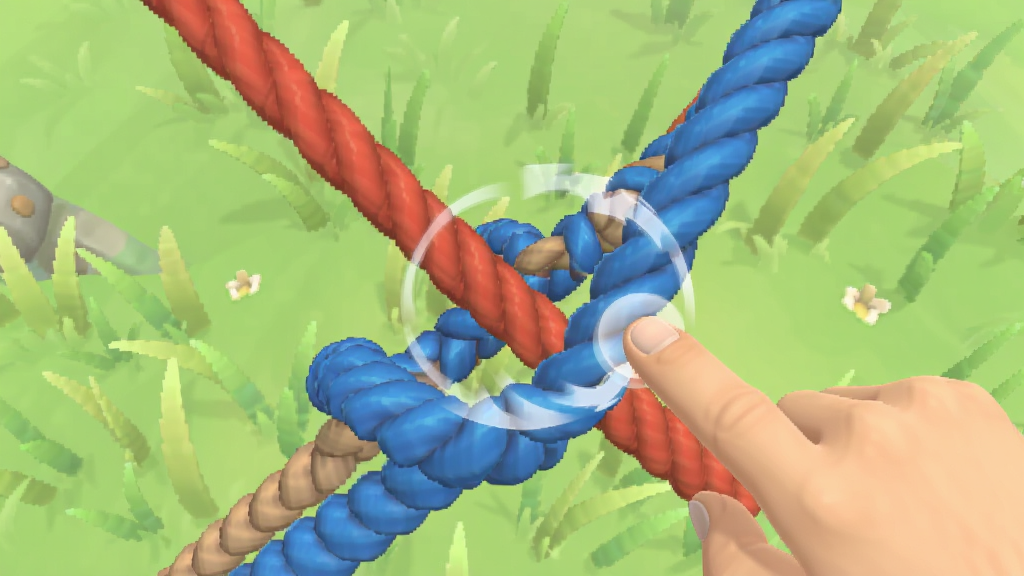 Unravel Master 游戏内绳索解谜过程截图,展示一根红色绳索与一根蓝色绳索交叉缠绕,玩家手指正在点击交叉点,画面带有轻微的解绕动画效果,背景为淡绿色草地,风格清新治愈,画质细腻干净