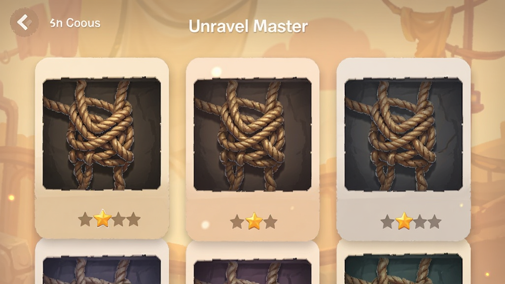Unravel Master 游戏关卡选择界面,展示多个不同难度的关卡卡片,卡片上带有绳索缠绕的缩略图与星级评价,背景为柔和暖色调,布局整齐,风格简约现代,画质清晰干净