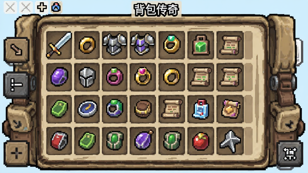 一个打开的大型背包界面,格子中整齐摆放着各种颜色的装备和道具,有剑、盔甲、戒指、卷轴等,背包边缘有扩容按钮和整理按钮,整体布局清晰,像素风格,画质干净,带有