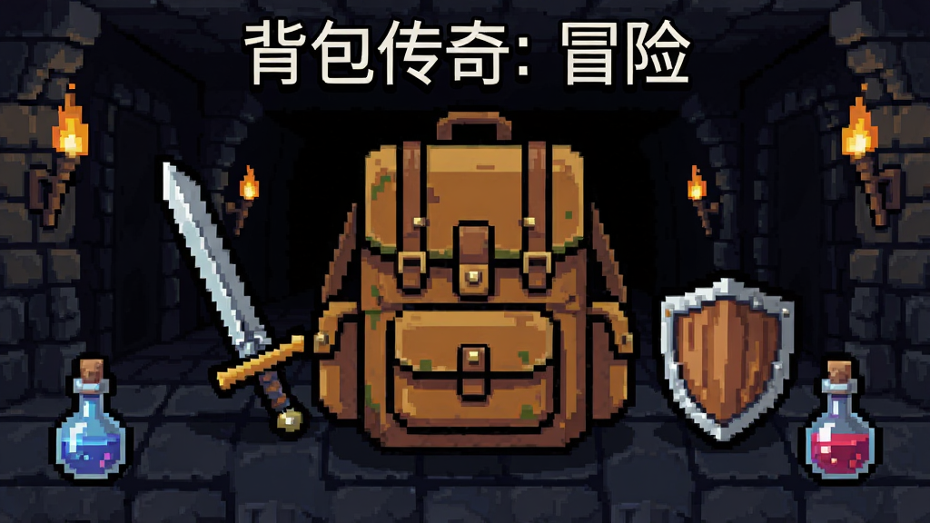 一款像素风格的地牢冒险游戏主界面,画面中央放置一个巨大的复古背包,背包周围散落着剑、盾牌、药水等道具,背景是幽暗的地牢通道,整体风格复古怀旧,布局居中对称,画质清晰干净,画面中带有
