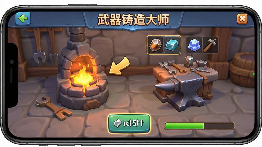 武器铸造大师新手操作界面预览图,画面展示手机屏幕中游戏的新手引导步骤,有箭头指向熔炉和锻造台,布局为竖屏手游界面,风格为卡通写实,细节包括按钮高亮、材料图标和进度条,画质高清,干净无多余元素,画面中带有
