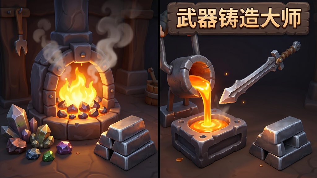 武器铸造大师熔炼界面预览图,画面展示一座发光的熔炉正在熔化矿石,铁水流入模具中,旁边有金属锭堆叠,布局为左右分栏,左侧是矿石原料,右侧是成品武器展示,风格为卡通写实3D,细节包括炉火光芒、金属纹理和蒸汽效果,画质高清,干净无多余元素,画面中带有