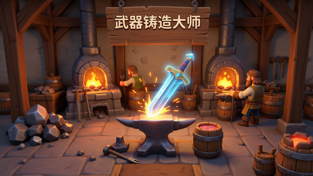 武器铸造大师游戏主界面预览图,画面中央是一座热闹的中世纪铁匠铺,铁砧上摆放着一把正在锻造的发光大剑,周围有矿石堆、熔炉和忙碌的工人,布局采用居中对称构图,排版简洁清晰,风格为卡通写实3D渲染,细节包括飞溅的火星、金属光泽和木质招牌,画质高清,画面干净无多余元素,无文字