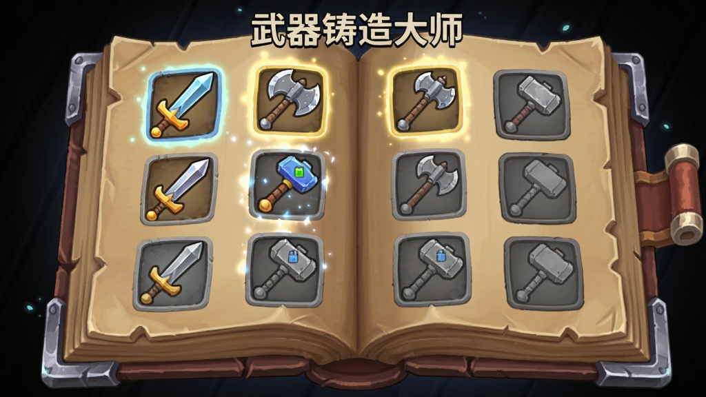 武器铸造大师武器图鉴界面预览图,画面展示一本展开的魔法书,书页上排列着各种剑、斧、锤的图标,部分图标已点亮,部分为灰色未解锁状态,布局为居中展示,风格为奇幻卡通风格,细节包括书页纹理、金属边框和光效,画质高清,干净无多余元素,画面中带有