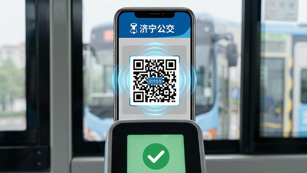 济宁公交扫码乘车功能展示图,画面中心为手机屏幕显示乘车二维码,上方有