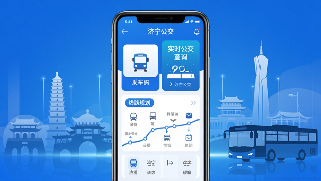 济宁公交APP主界面展示图,画面中央是一部智能手机,屏幕显示济宁公交应用首页,包含乘车码按钮、实时公交查询入口、线路规划模块,背景为济宁城市地标建筑与公交车剪影,整体布局清晰,排版简洁,风格现代科技感,细节上突出蓝色主色调与公交元素图标,画质高清,干净,无多余元素
