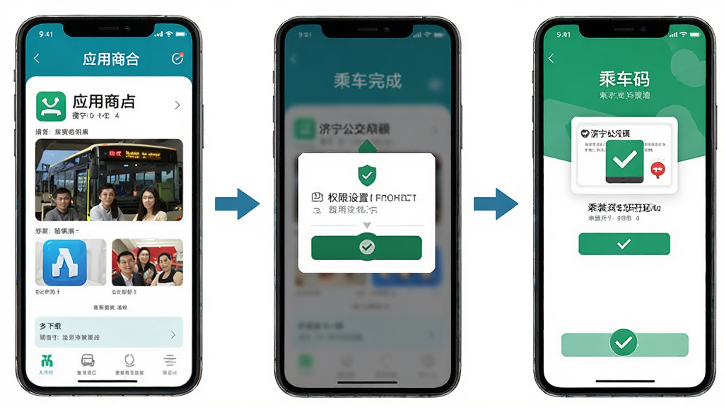 济宁公交APP安装使用教程示意图,画面为手机屏幕展示从应用商店搜索到安装完成的步骤流程,包含权限设置弹窗与乘车码开通界面,布局分步展示,排版清晰,风格扁平化教程风,细节上突出下载按钮与对勾完成图标,画质高清,干净,无多余元素