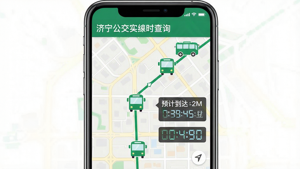 济宁公交实时查询功能展示图,画面为手机屏幕显示公交线路地图,地图上有公交车图标沿线路移动,旁边标注预计到达时间与站数,背景为城市道路网格,布局居中,排版清晰,风格扁平化设计,细节上突出绿色公交车图标与倒计时数字,画质高清,干净,无多余元素