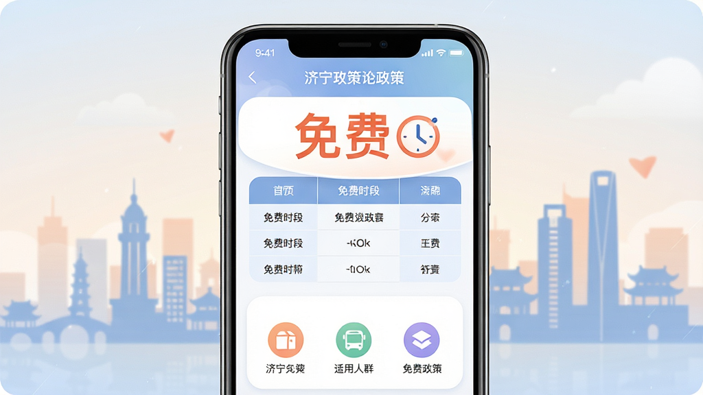 济宁公交免费政策查询功能展示图,画面为手机屏幕显示政策说明页面,包含免费时段表格与适用人群图标,背景为济宁城市剪影,布局居中,排版清晰,风格柔和圆角,细节上突出